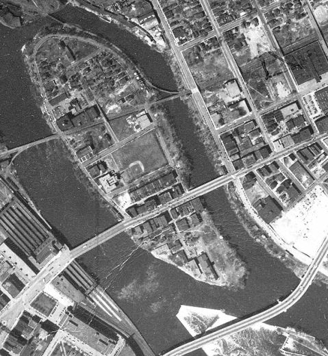 Nicollet Island, 1947, with a baseball field in the middle. (John R. Borchert Map Library, University of Minnesota)