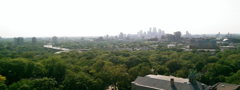 The view west toward downtown -- and into the sun. Pratt School is at the bottom. I took the picture a little after 5 p.m. I didn't have to wait in line to make the climb, but by the time I descended about 100 people were in line waiting their turn. (David C. Smith)