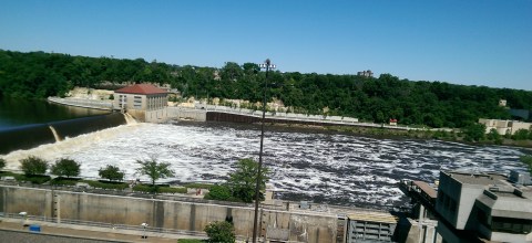 High water over the Ford Dam June 21, 2014. Late last summer at one time there was no water flowing over the dam and below the dam was mostly dry land. (David C. Smith)