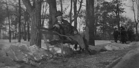Resting on a bench in Minnehaha Park, January 1899. Judging from the hat, this may be the same man posing in front of the falls. (Photo courtesy Edward Tobin Thompson)